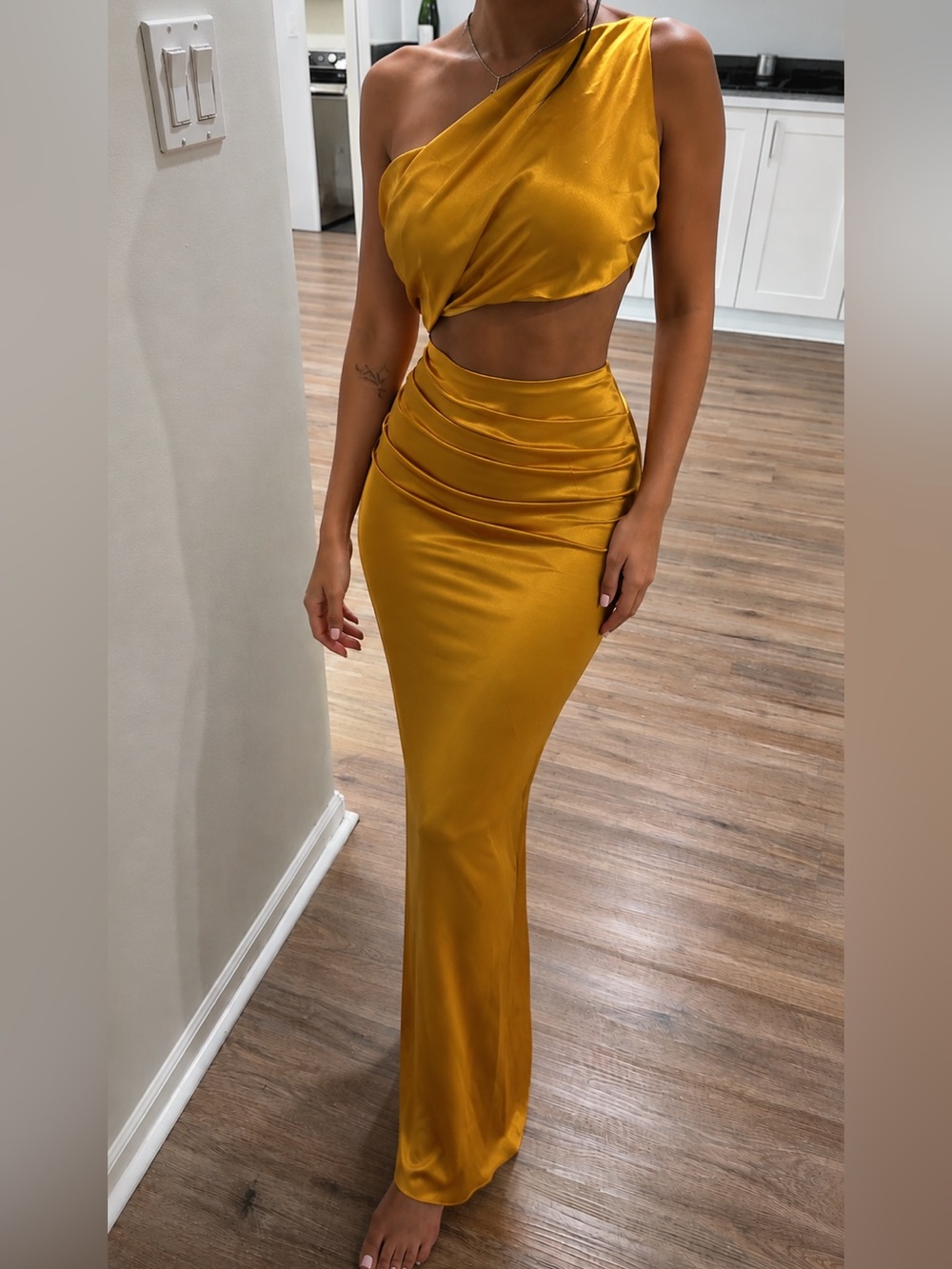 One-Shoulder Satin Maxi Dress in Mustard